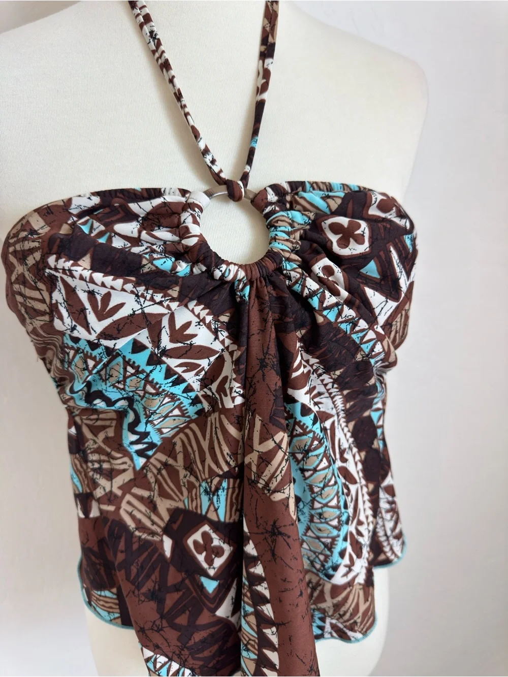 Y2K Venus Strapless Halter swimsuit Top with Ring Detail - Brown & Teal Print